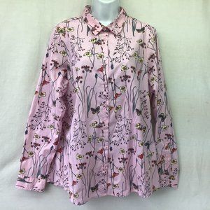 Cotton Traders Women's Pink Floral Butterfly Long Sleeve Button Shirt Blouse 16